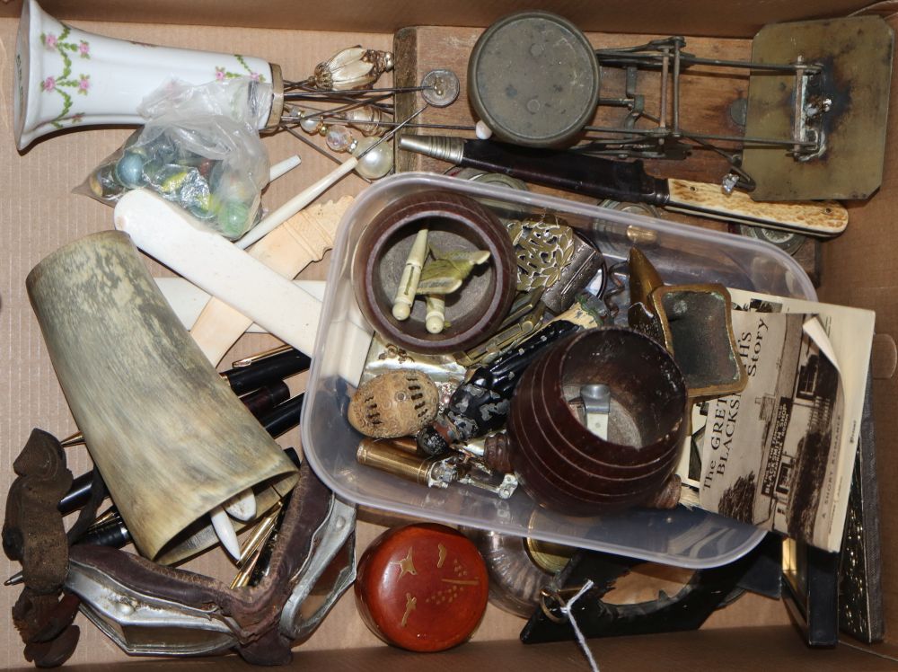 A quantity of mixed collectable including bone pieces, miniature frames, pens, marbles etc